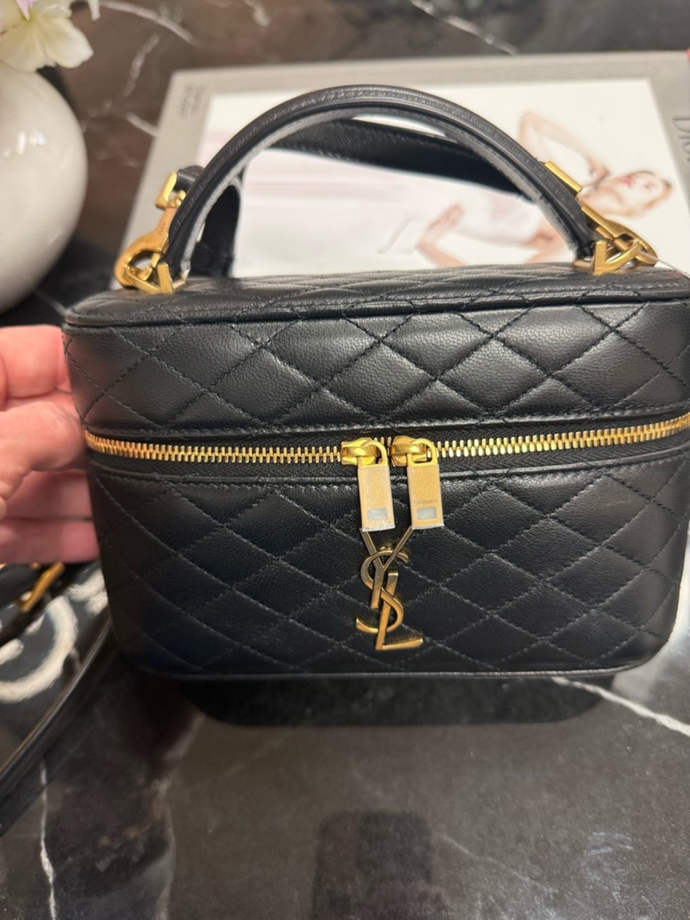 Saint Laurent Black Quilted Mini Vanity Bag with Gold Hardware